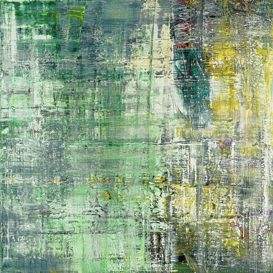 Abstract painting of a heavily textured and layered surface of white, green, yellow hues of paint smeared and scraped across the surface with elements of red peaking through.